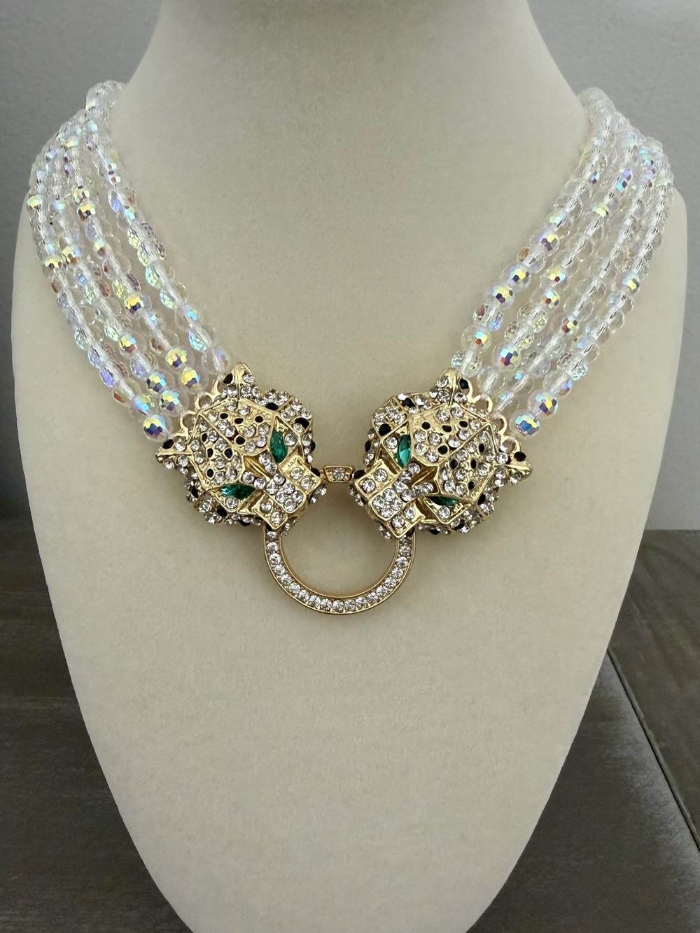Eye Candy LA Luxe Aurora Borealis Crystal Gold Panther Necklace NWT